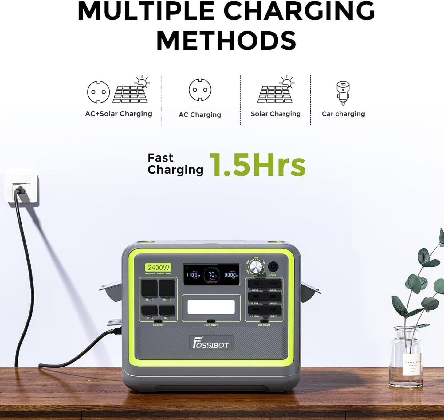 FOSSiBOT F2400 Generateur Electrique Portable, 2048Wh Batterie LiFePO4 Station électrique, 3 Sorties CA 2400W (4800W Pic) 230V Groupe Electrogene Solaire pour Camping, Voyage Maison/Bureau