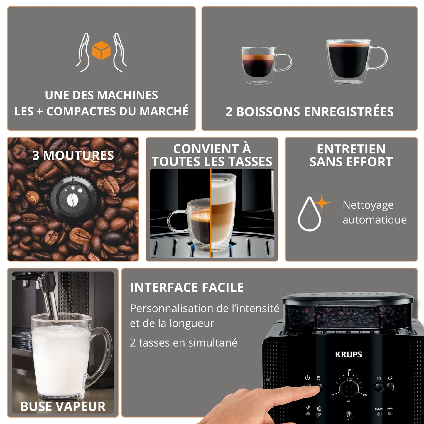 KRUPS - Machine à café grain Automatique Essential Compacte Noire - 15 bars